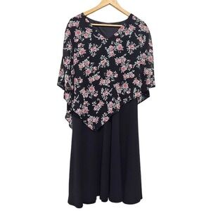 Women's Floral Cape Overlay Black Midi Dress XL Elegant Evening Wedding Guest